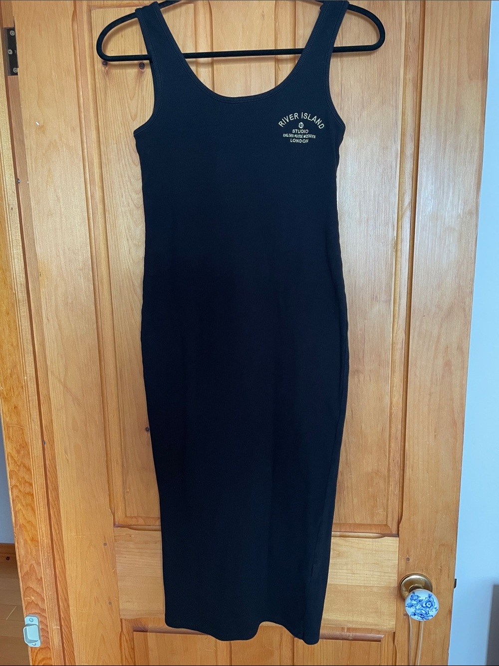 M. RIVER ISLAND Flattering Black Ribbed Tank Midi Dress with Chest Logo